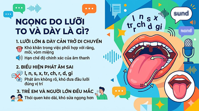 Người gặp tình trạng ngọng do lưỡi to và dày thường khó phát âm một số phụ âm chính xác.