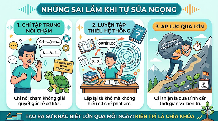 Tự sửa ngọng không đúng phương pháp có thể làm kéo dài thời gian cải thiện.